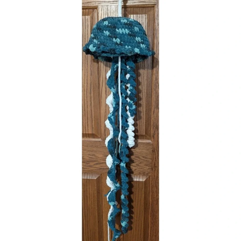 Handmade Crochet Plush Jellyfish Wall Hanging Ocean Decor Blue Teal White